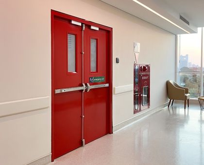 Side view of a read fire door that is closed.