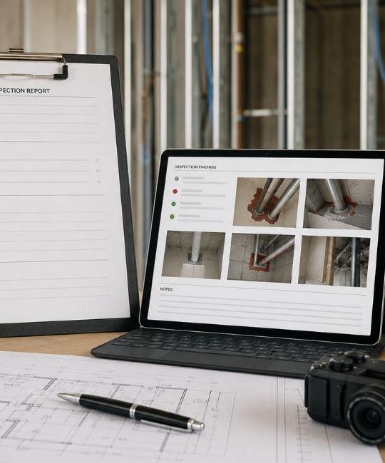 Cavity Barrier Inspection Reports on clipboard and laptop