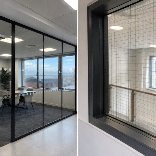Close-up of fire-rated glazing and framed screen for passive fire protection inspection