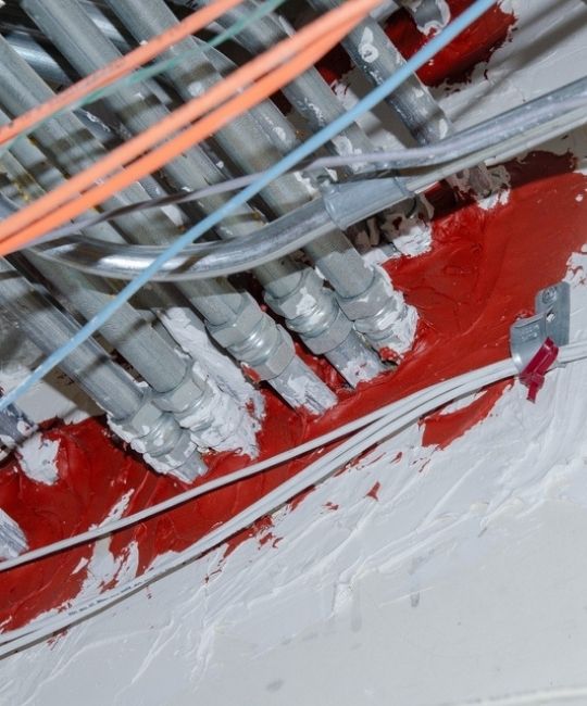 Why Penetration Sealing and Fire Stopping - Red firestop sealant on firerated wall next to electrical conduit